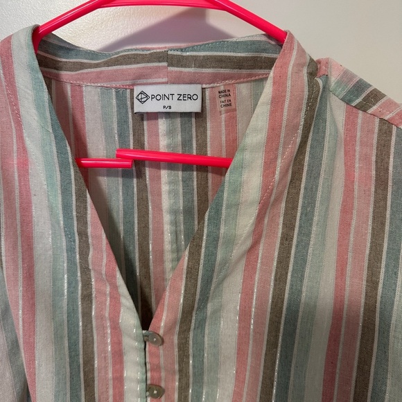 Point Zero Women’s Pink Blue Stripes Buttoned Tie Up Short Sleeve Top Size Small - Picture 5 of 9